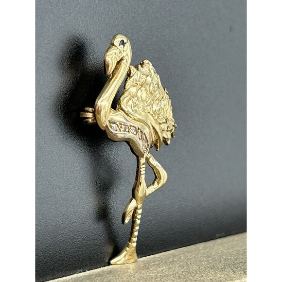 Vintage 14K Gold Flamingo Brooch Pendant Diamond Sapphire BIRD Estate Pin 3.33g - Picture 2 of 15